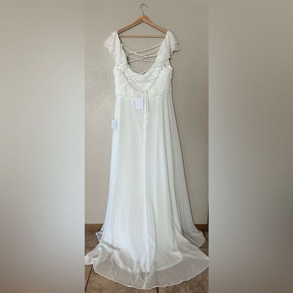 NWT Lulus Heavenly Romance White Pleated Flutter Sleeve Lace-Up Maxi Dress XL - Picture 5 of 13